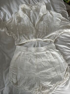 White Gauze Two-Piece Crop Top & Shorts Set